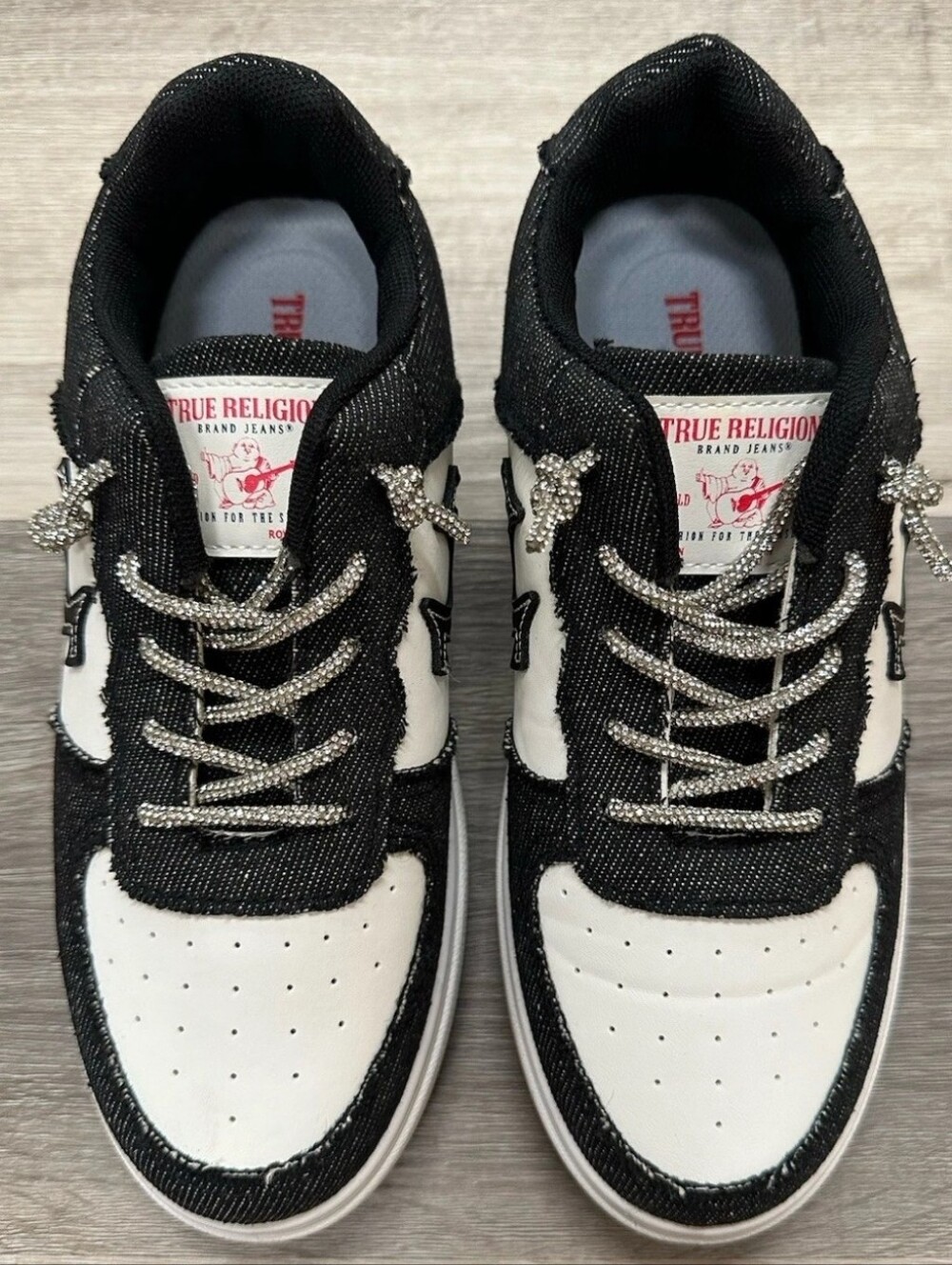 True Religion ALLISON Black and White Denim Sneakers with Crystal Laces